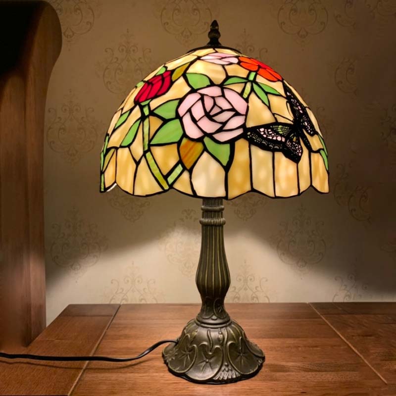 Butterfly and Flowerbud Table Lamp Tiffany Stained Glass Single-Bulb Bronze Nightstand Light