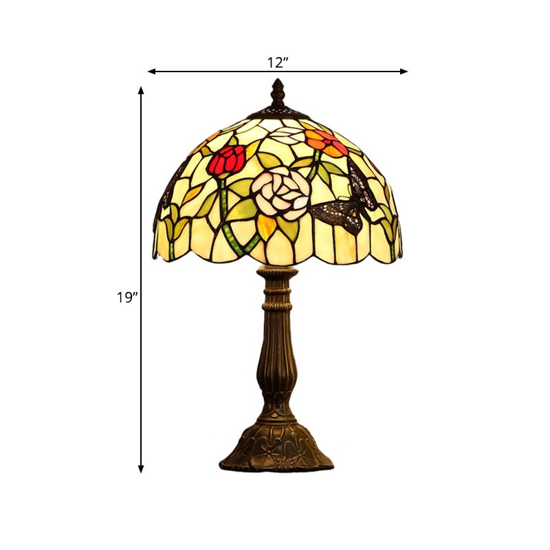 Butterfly and Flowerbud Table Lamp Tiffany Stained Glass Single-Bulb Bronze Nightstand Light