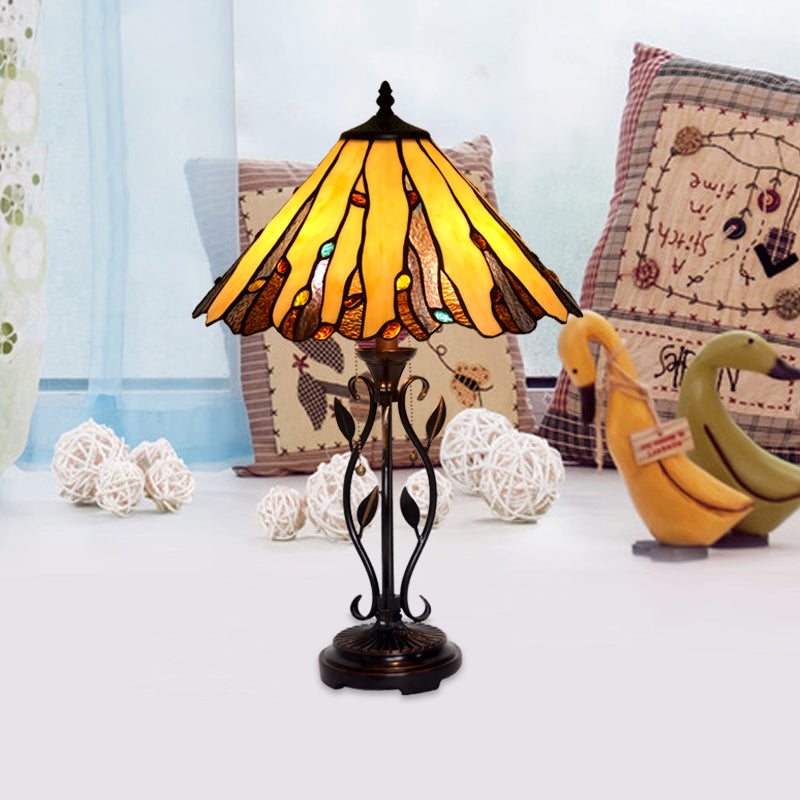 Coffee Candle Pull-Chain Table Lamp Tiffany 2-Light Metal Night Lighting with Cone Stained Glass Shade