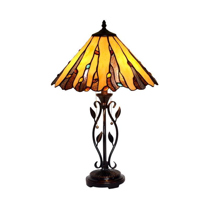 Coffee Candle Pull-Chain Table Lamp Tiffany 2-Light Metal Night Lighting with Cone Stained Glass Shade