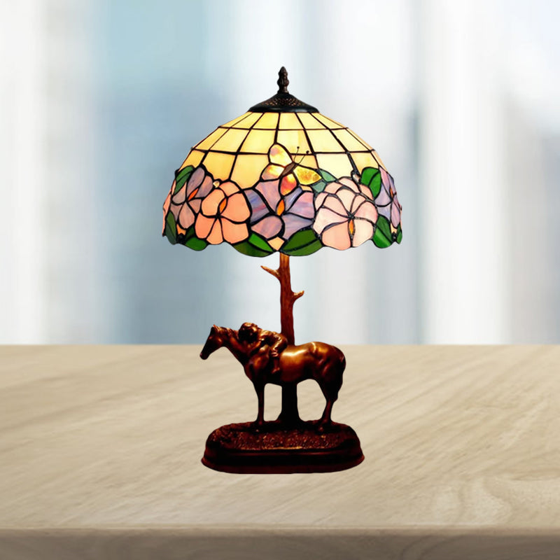 Tiffany Butterfly-In-Flowers Night Lamp Single-Bulb Gridded Stained Glass Table Lighting in Coffee