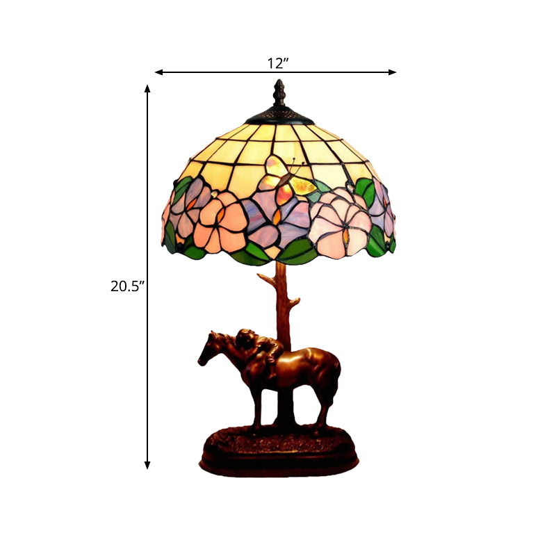 Tiffany Butterfly-In-Flowers Night Lamp Single-Bulb Gridded Stained Glass Table Lighting in Coffee