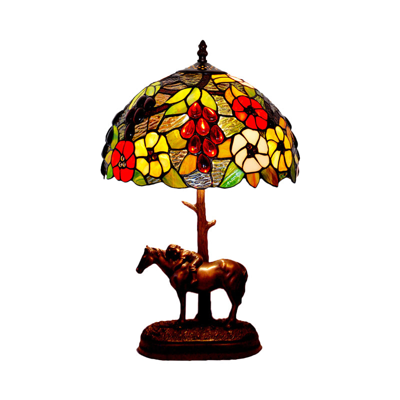 Painted Morning Glory Table Light Single Stained Art Glass Tiffany Nightstand Lamp with Horse Decor in Coffee