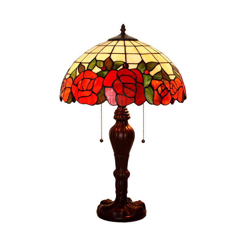 Rose-Edge Gridded Night Lamp 2-Light Stained Glass Tiffany Table Lighting with On Off Pull Chain in Coffee