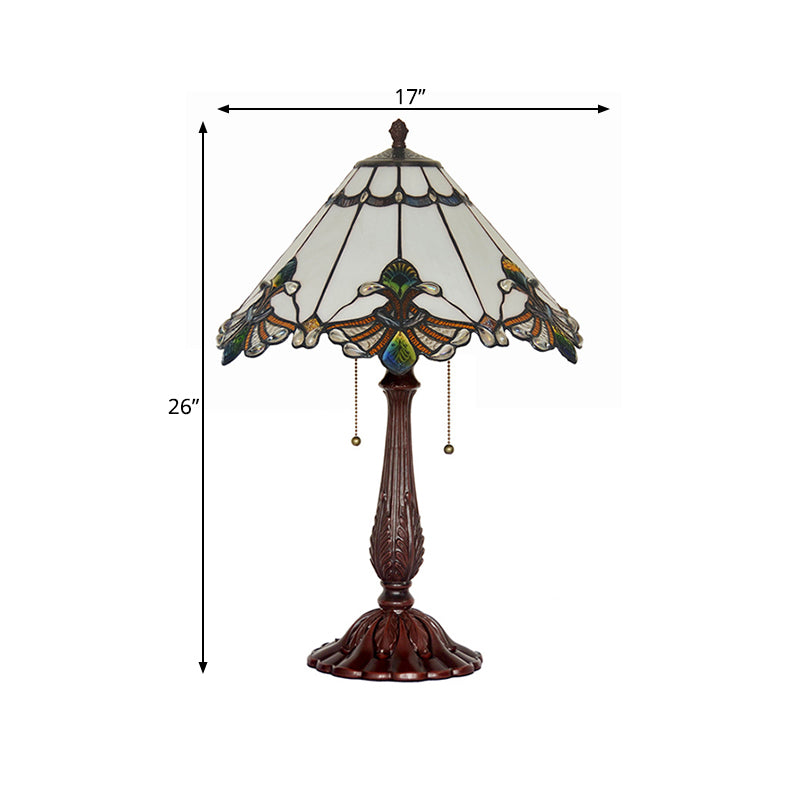 White Glass Goose Patterned Night Lamp Tiffany 2-Light Bronze Table Lighting with Pulling Chain