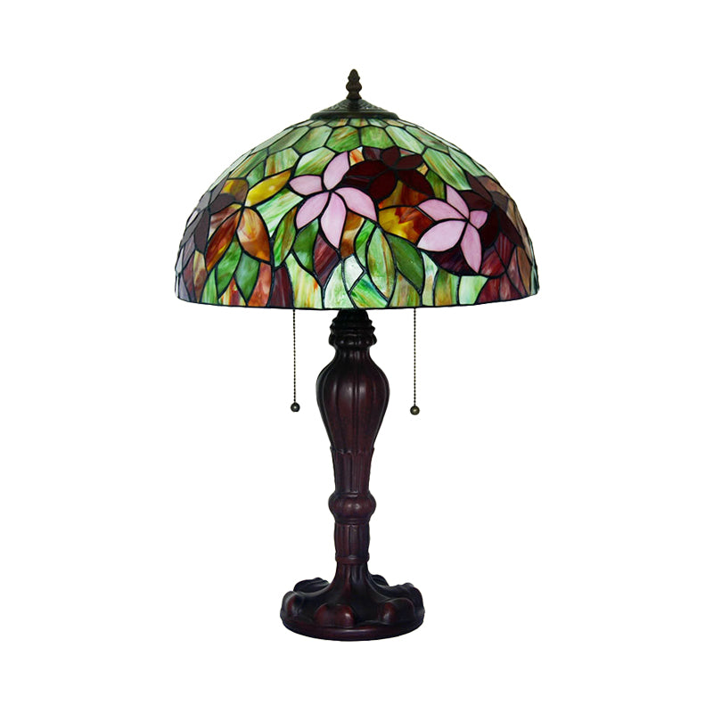 2 Bulbs Pull-Chain Nightstand Light Tiffany Bowl Stained Floral Glass Table Lamp in Bronze