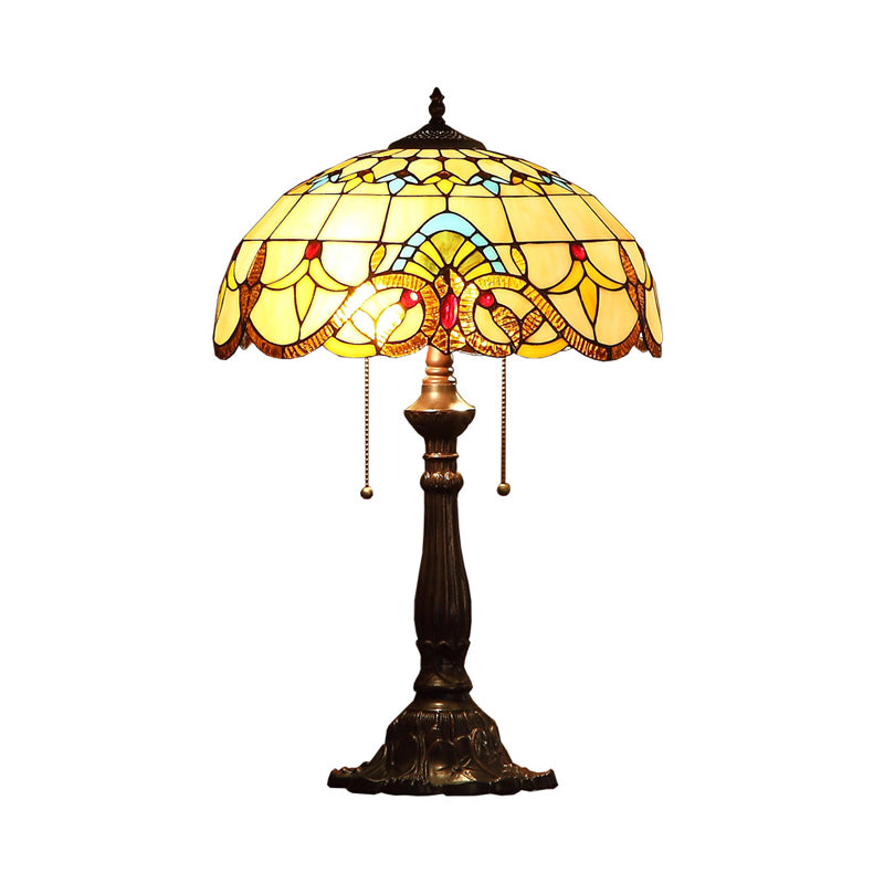 Grain Pattern Stained Glass Table Light Tiffany 2 Heads Bronze Nightstand Lamp with Pull Chain Switch