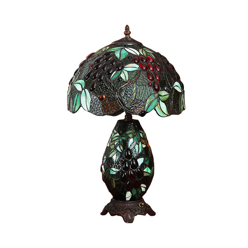 Grape-Pattern Bowl Shade Night Lamp Tiffany Stained Glass 2 Bulbs Blackish Green Table Lighting with Oval Base