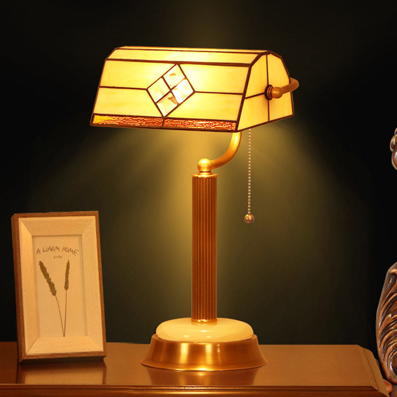 Half-Prism Pull Chain Table Lamp Single Yellow Glass Tiffany Nightstand Light with Swivel Arm