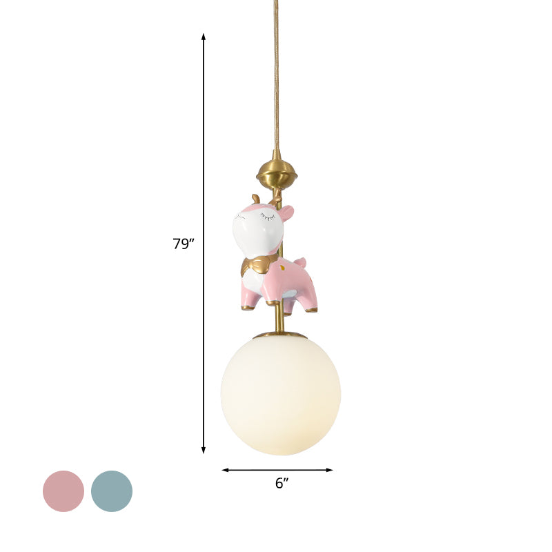 Resina Sika Deer Pendulum Light Cartoon 1 Bulb Blu/Pink-White/Blue-White Impiccante Pendente con sfera Opal/macchia di vetro colorato