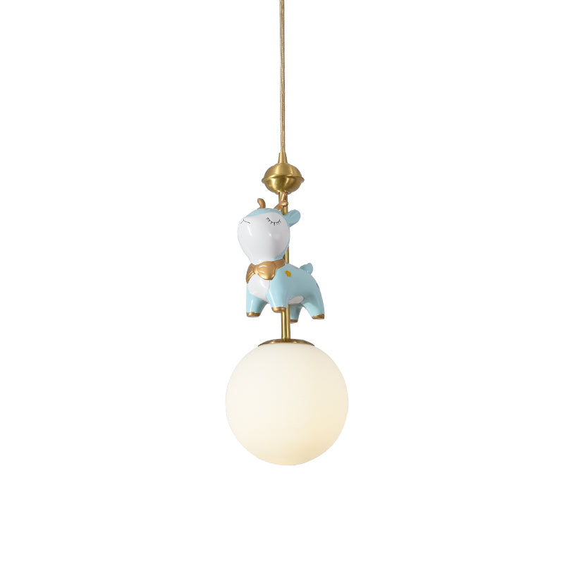 Resin Sika Deer Pendulum Light Cartoon 1 Bulb Blue/Pink-White/Blue-White Hanging Pendant with Ball Opal/Stained Glass Shade