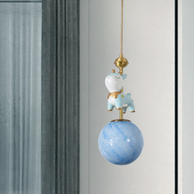 Resin Sika Deer Pendulum Light Cartoon 1 Bulb Blue/Pink-White/Blue-White Hanging Pendant with Ball Opal/Stained Glass Shade