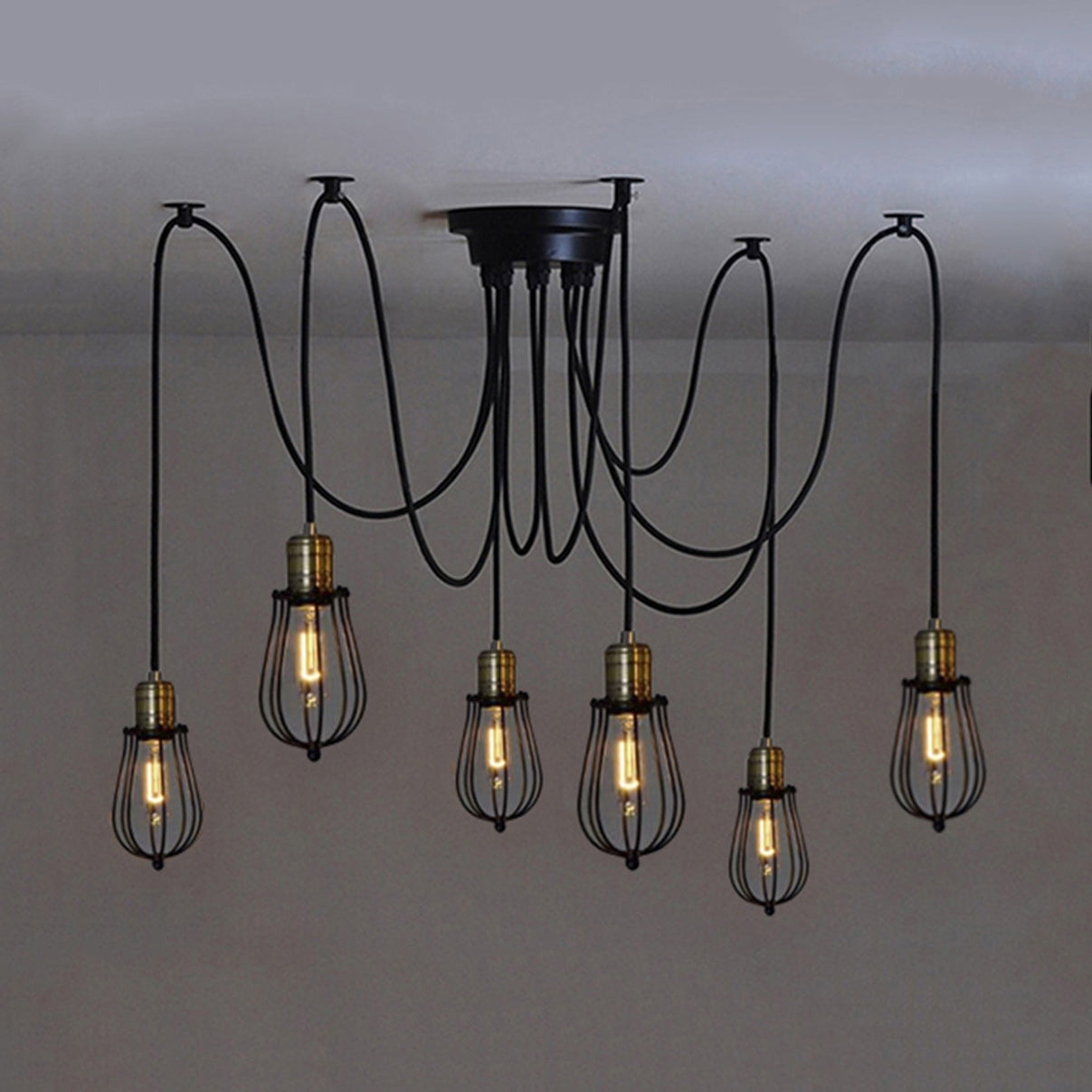 6-Light Spider Suspension Light with Small Cage Shade Vintage Black Metal Ceiling Fixture for Kitchen