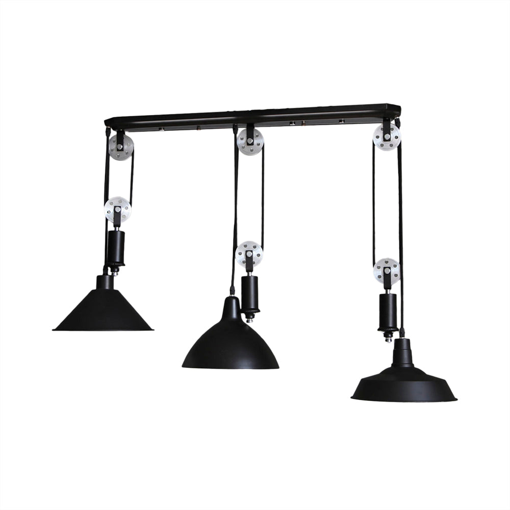 3 Lights Pendant Lighting with Different Shade and Pulley Design Metal Industrial Indoor Hanging Light Fixture in Black