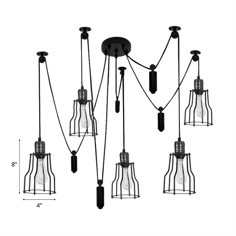 5 bombillas Luz colgante de araña con tono de protección de alambre estilo Finishuse de acabado negro de techo de metal para dormitorio