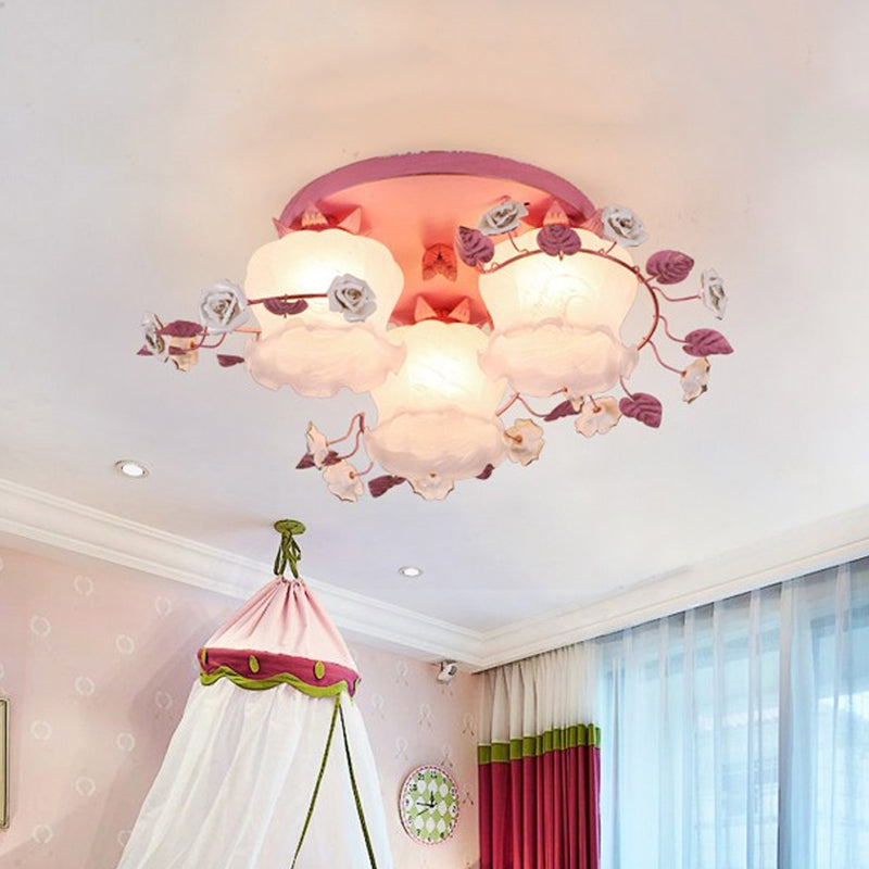 Pastoral Half-Open Flower Ceiling Lamp 3/5 Lights Frosted Glass Semi Mount Lighting with Rose Wreath in Pink/Blue