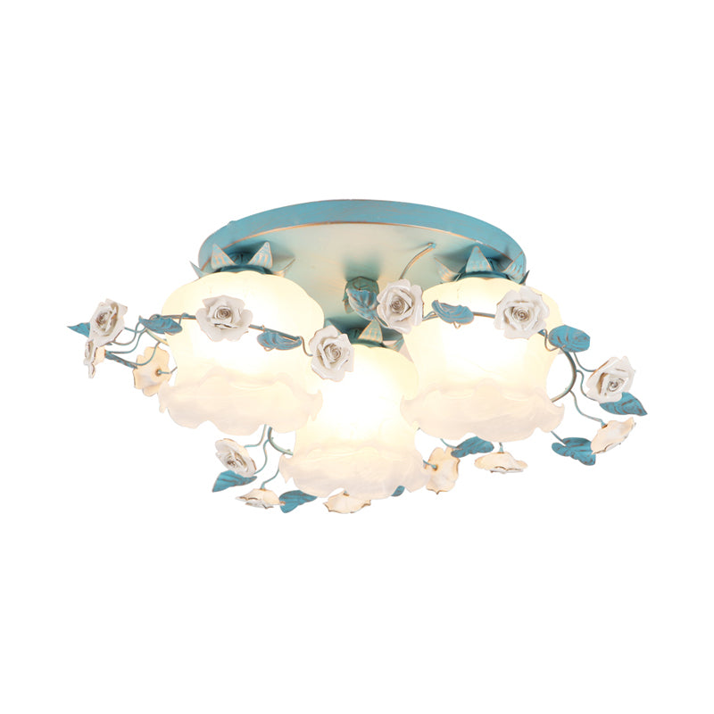 Pastoral Half-Open Flower Ceiling Lamp 3/5 Lights Frosted Glass Semi Mount Lighting with Rose Wreath in Pink/Blue