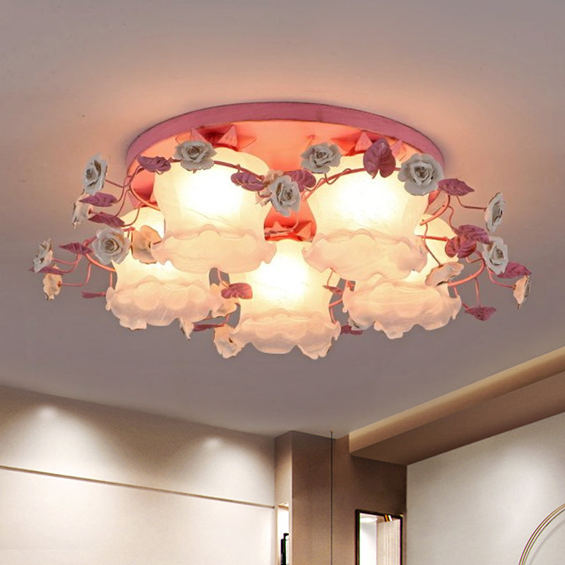 Pastoral Half-Open Flower Ceiling Lamp 3/5 Lights Frosted Glass Semi Mount Lighting with Rose Wreath in Pink/Blue