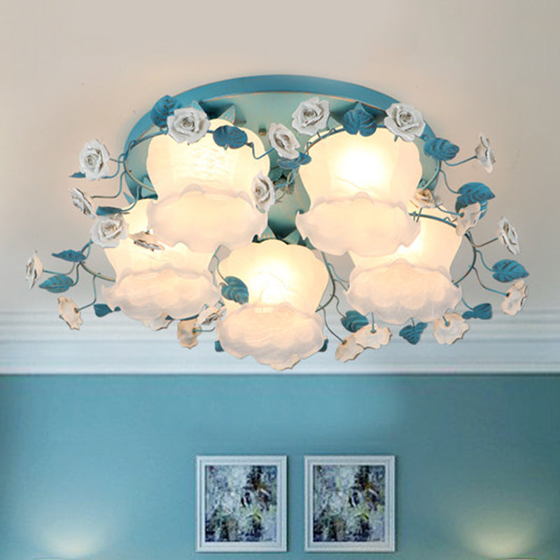 Pastoral Half-Open Flower Ceiling Lamp 3/5 Lights Frosted Glass Semi Mount Lighting with Rose Wreath in Pink/Blue