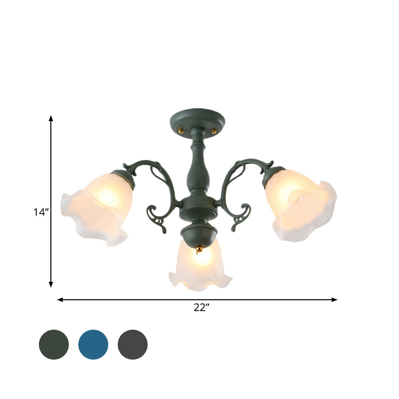 3/5 Bulbs Ruffled Adjustable Semi Flush American Flower Grey/Blue/Green Matte Glass Ceiling Mount Chandelier