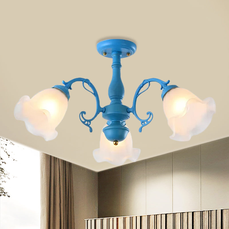 3/5 Bulbs Ruffled Adjustable Semi Flush American Flower Grey/Blue/Green Matte Glass Ceiling Mount Chandelier