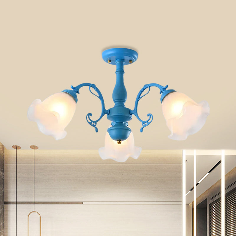 3/5 Bulbs Ruffled Adjustable Semi Flush American Flower Grey/Blue/Green Matte Glass Ceiling Mount Chandelier