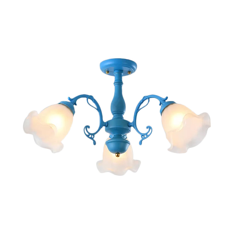 3/5 Bulbs Ruffled Adjustable Semi Flush American Flower Grey/Blue/Green Matte Glass Ceiling Mount Chandelier