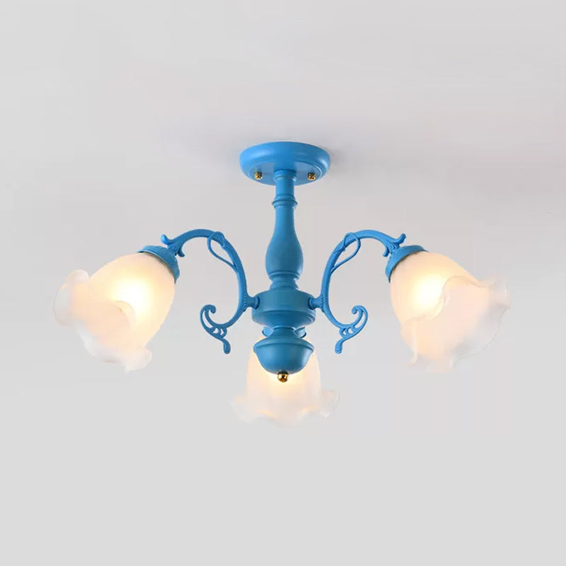 3/5 Bulbs Ruffled Adjustable Semi Flush American Flower Grey/Blue/Green Matte Glass Ceiling Mount Chandelier