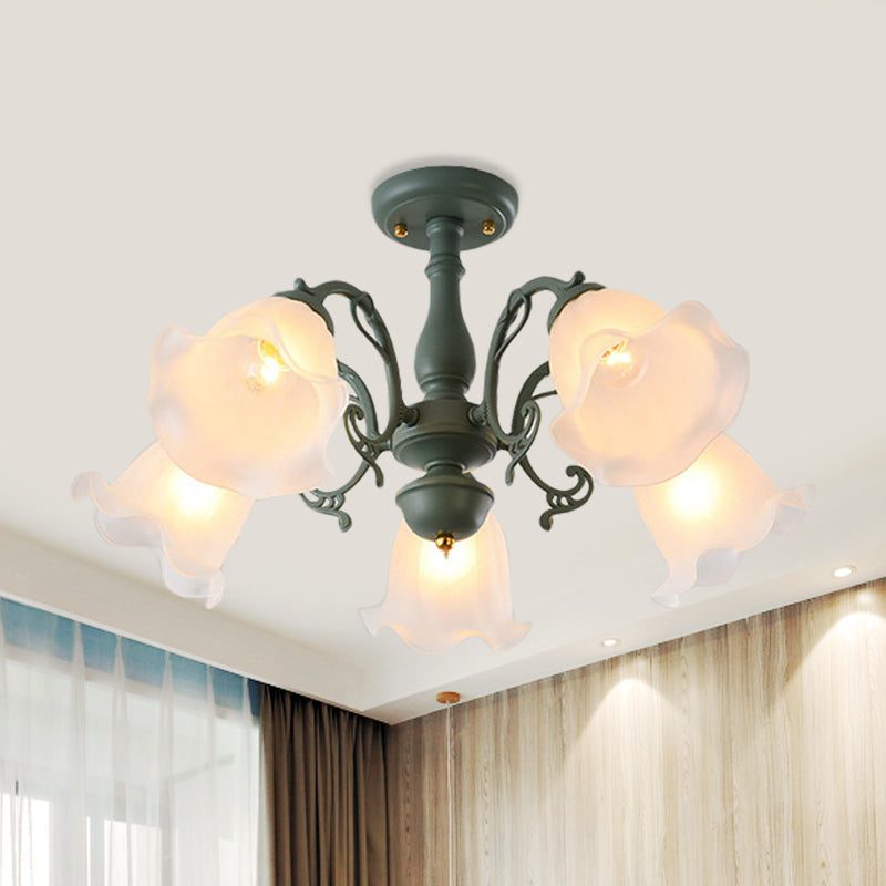 3/5 Bulbs Ruffled Adjustable Semi Flush American Flower Grey/Blue/Green Matte Glass Ceiling Mount Chandelier