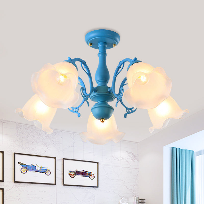 3/5 Bulbs Ruffled Adjustable Semi Flush American Flower Grey/Blue/Green Matte Glass Ceiling Mount Chandelier