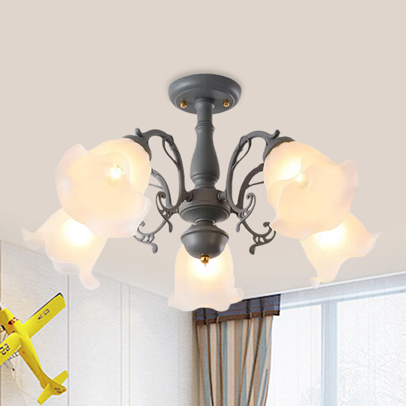 3/5 Bulbs Ruffled Adjustable Semi Flush American Flower Grey/Blue/Green Matte Glass Ceiling Mount Chandelier