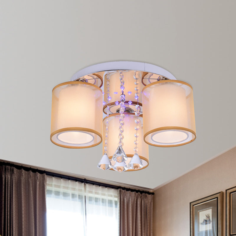 3/7 Lights Cylinder Flush Mount Modern Chrome Sheepskin Ceiling Light with Dangling Clear Crystal