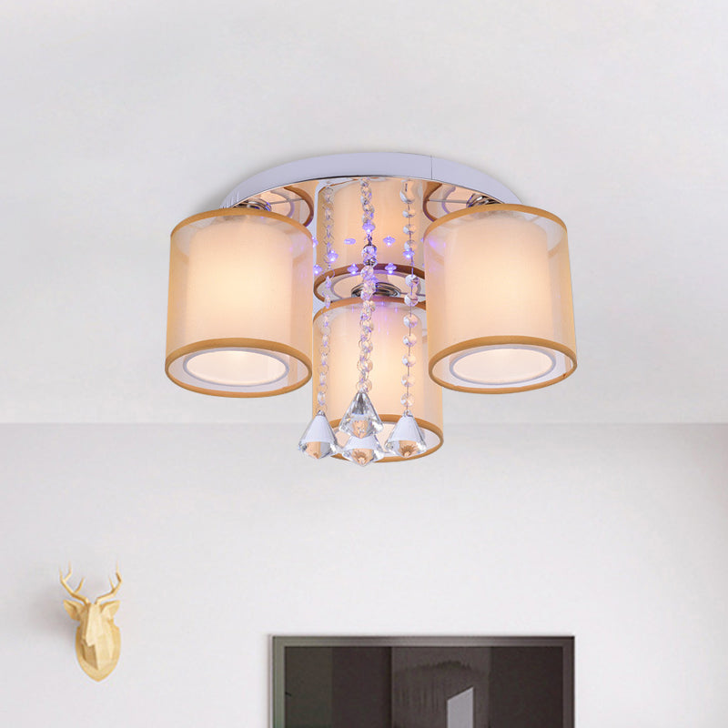 3/7 Lights Cylinder Flush Mount Modern Chrome Sheepskin Ceiling Light with Dangling Clear Crystal