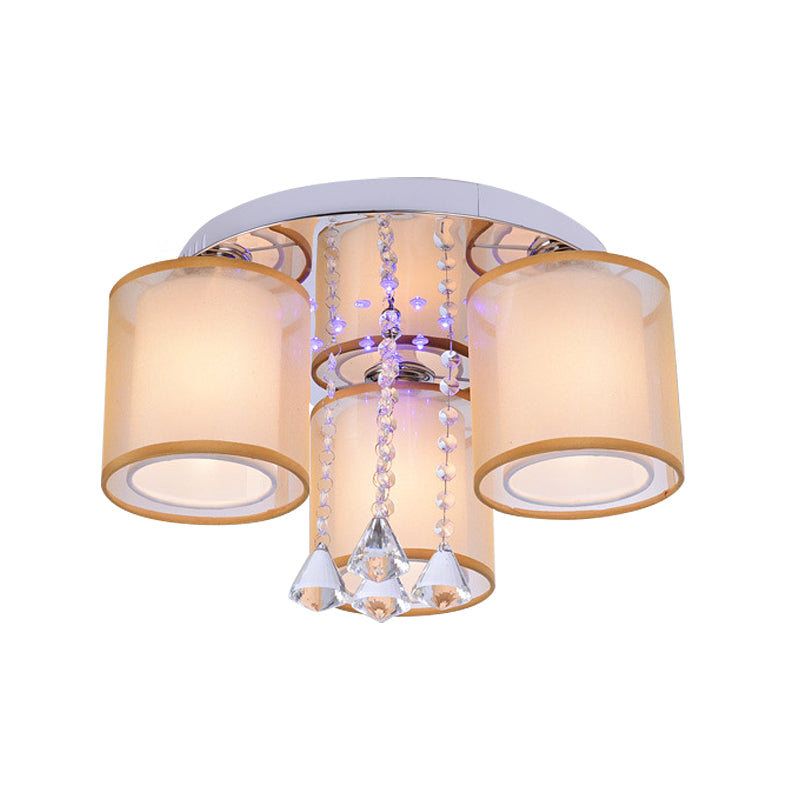 3/7 Lights Cylinder Flush Mount Modern Chrome Sheepskin Ceiling Light with Dangling Clear Crystal