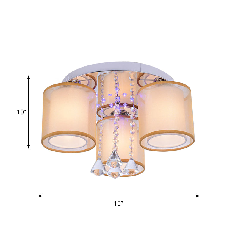 3/7 lumières Cylindre Flush Mount Modern Chrome SheepSkin Plafond Light avec un cristal clair pendante