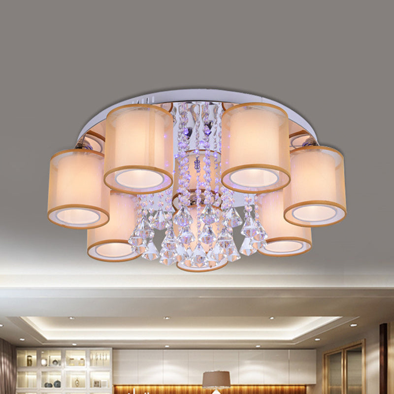 3/7 Lights Cylinder Flush Mount Modern Chrome Sheepskin Ceiling Light with Dangling Clear Crystal