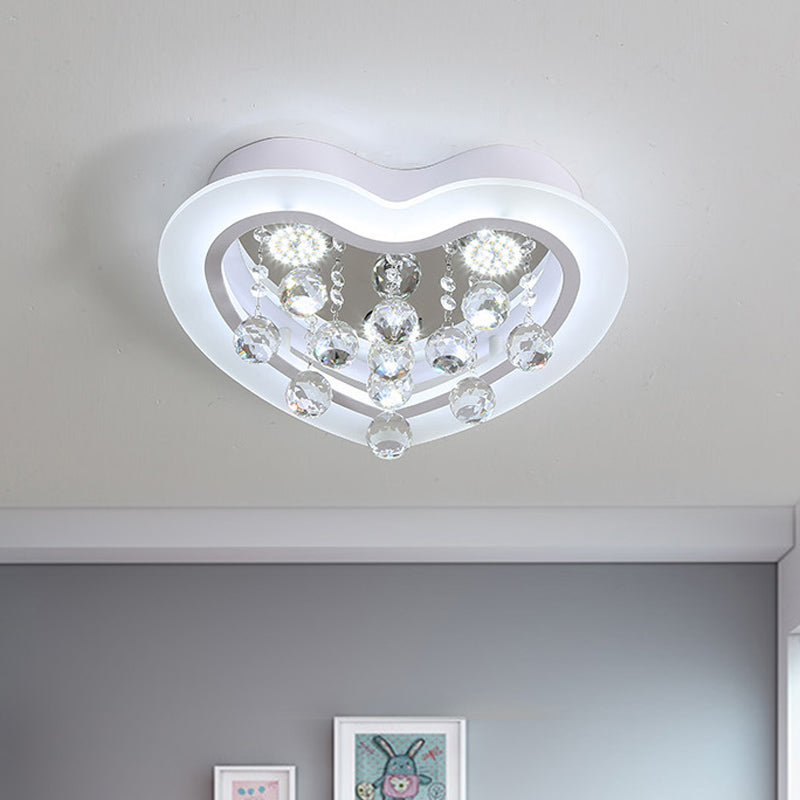 16"/19.5" W Acrylic Heart Flush Light Fixture Minimalism LED Bedroom Ceiling Lighting in White with Crystal Orb