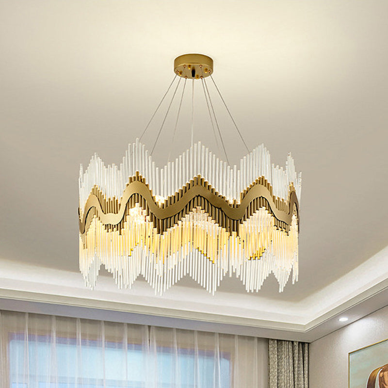 Ruffle Edge Crystal Chandelier Postmodern 8-Head Living Room Suspension Light in Brass