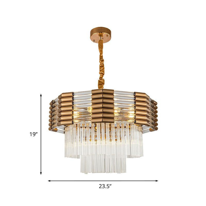 Brass Tiered Hanging Chandelier Minimalism K9 Crystal 9-Light Bedroom Suspension Pendant