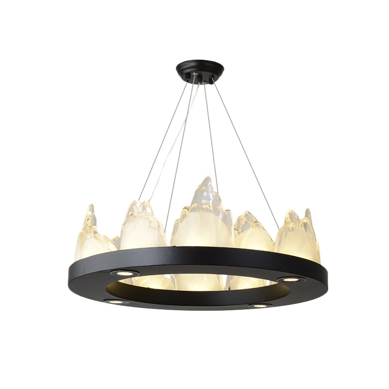 Modernism Ring Pendant Lighting Crystal Block LED Hanging Chandelier in Black for Living Room