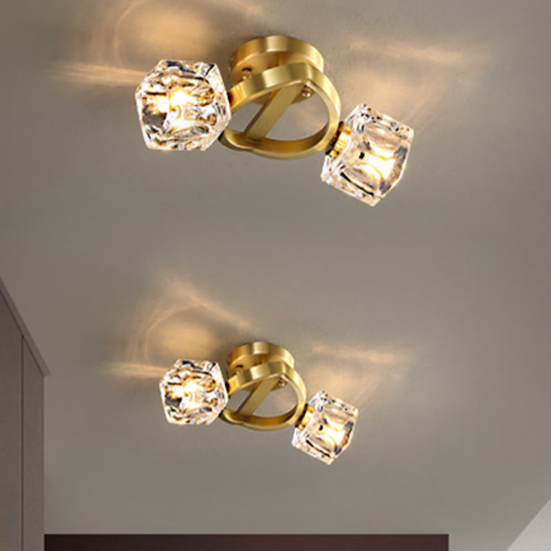 2 lumières semi-flush mont minimalisme bloc de cristal cubique luminaire de plafond rigide en laiton