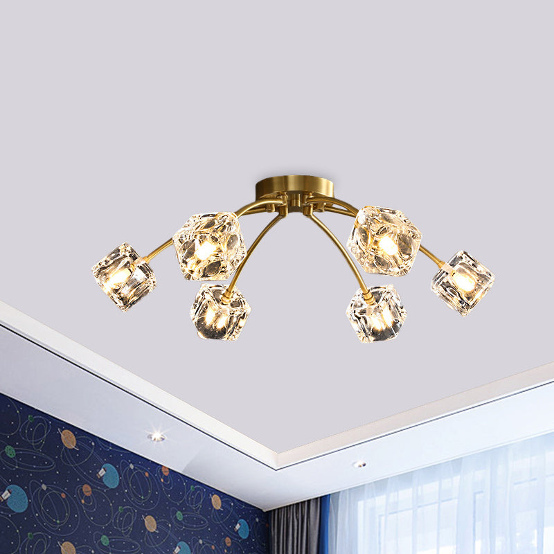 Cubic Restaurant Semi Flush Light Minimalistisch Clear Crystal Block 6-Licht Brass Flush Mount