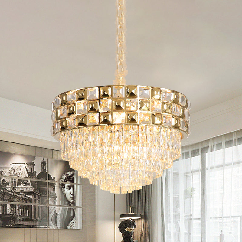 Gold 14-Bulb Pendant Light Postmodern Clear Crystal Tiered Round Chandelier Lamp for Bedroom