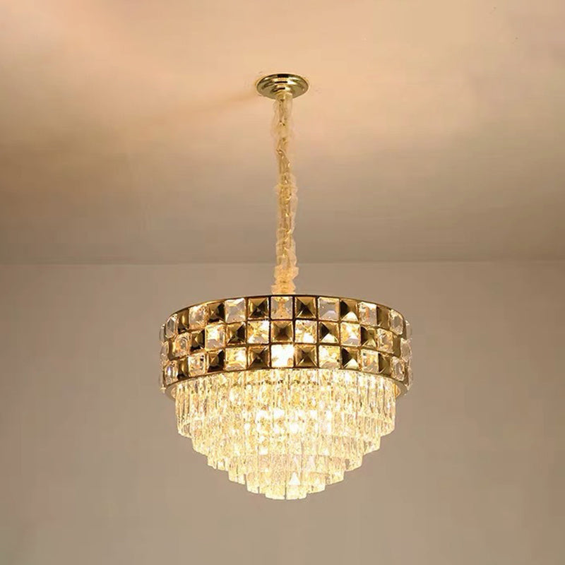 Gold 14-Bulb Pendant Light Postmodern Clear Crystal Tiered Round Chandelier Lamp for Bedroom