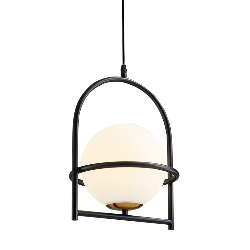 Lumière de suspension à balle moderne avec conception de cage à oiseaux Verre Opale 1 ampoule 9 "/ 11" de large plafond de chevet s'approche du noir en noir / or