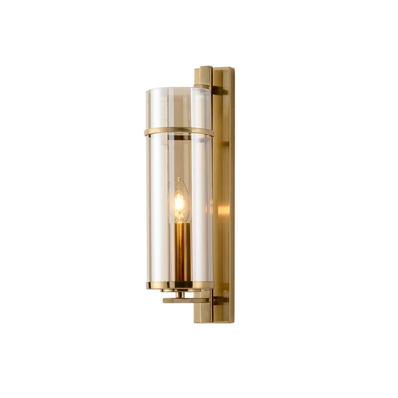 1 Bulb Bedroom Sconce Light Fixture Modernist Brass Wall Lamp with Tubular Cognac/Water Blue Glass Shade