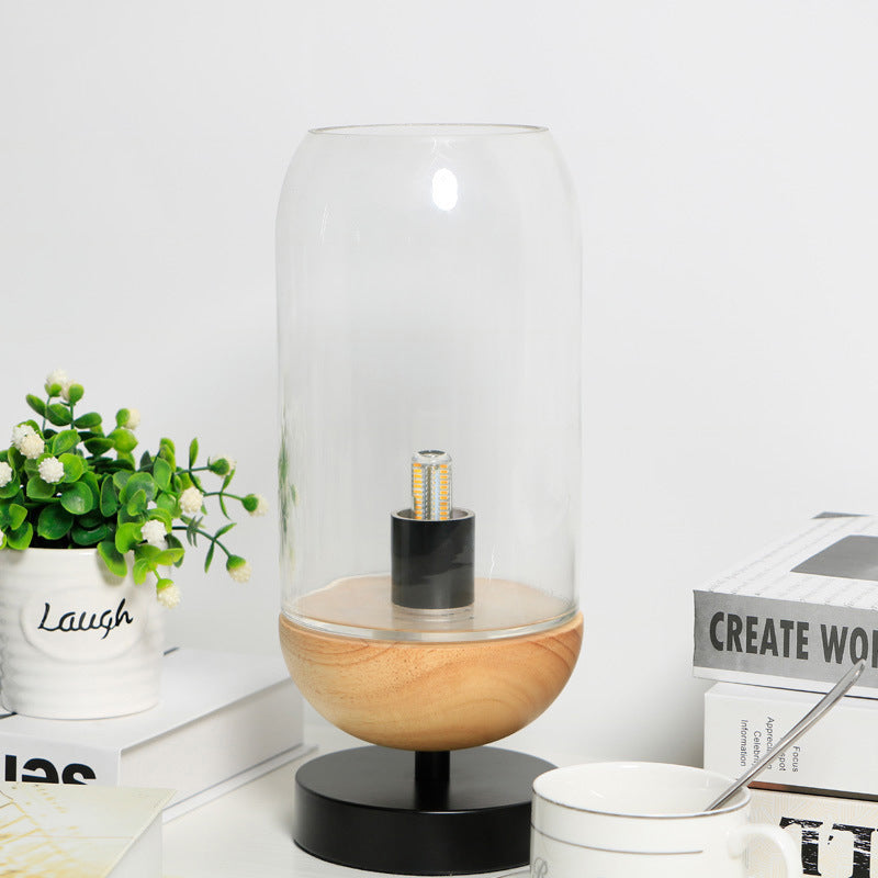 Modern LED Table Lighting Black and Wood Cylinder Small Desk Lamp with Clear Glass Shade