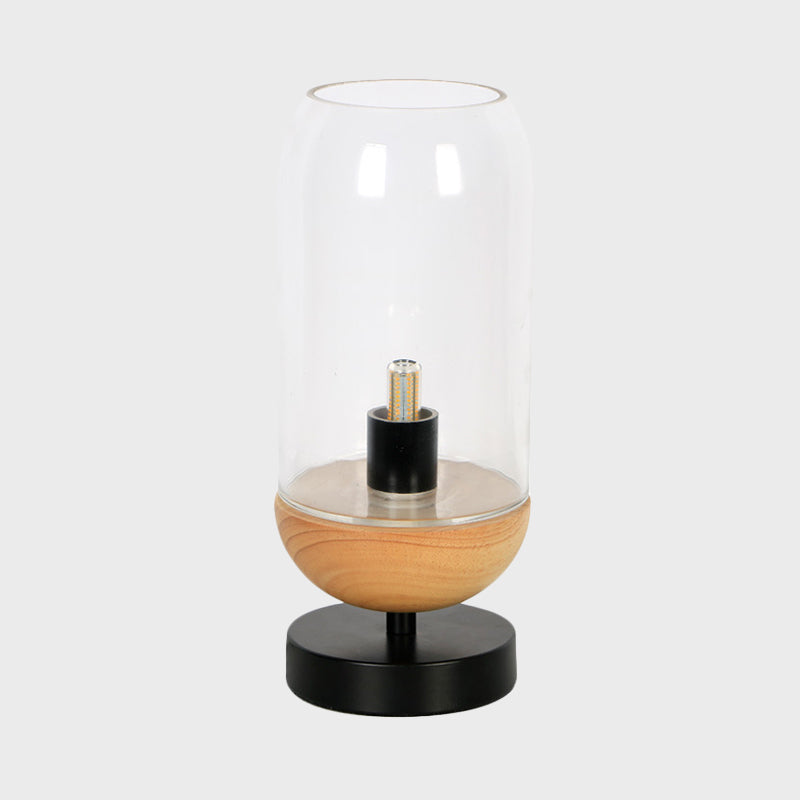 Modern LED Table Lighting Black and Wood Cylinder Small Desk Lamp with Clear Glass Shade