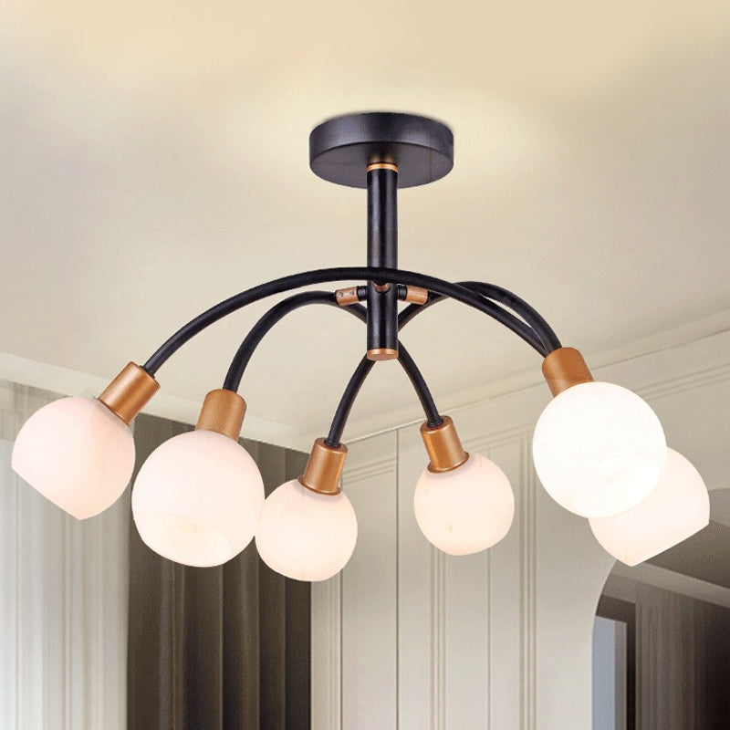 Modo Opal Glass Semi Flush Lighting Minimalisme 4/6 bollen Zwart spoelplafondlamp met Arced Arm