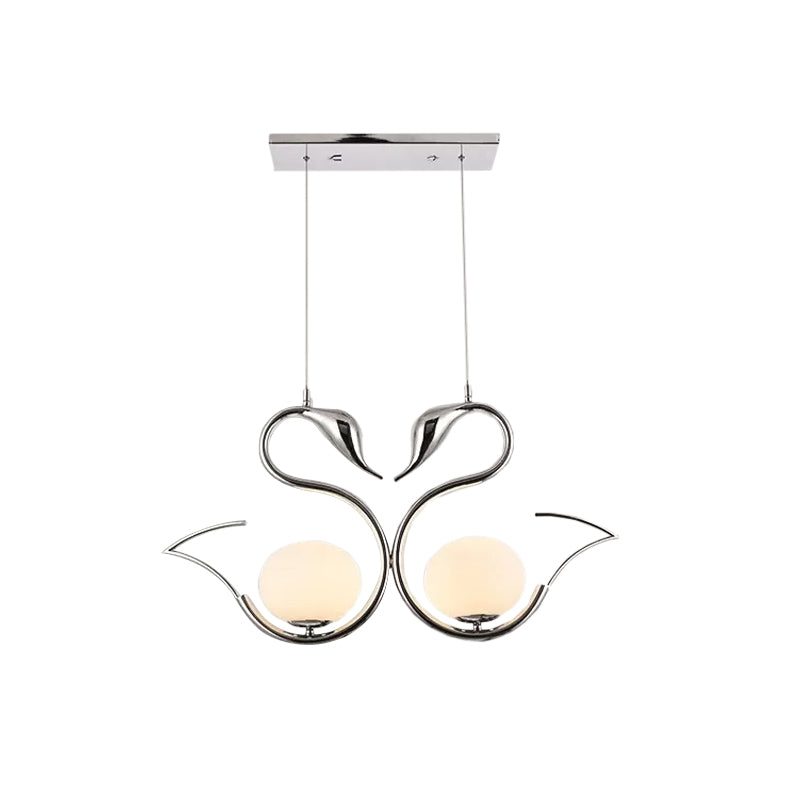 Forme de cygne métallique Multi Pendant Light moderniste moderniste 2-Light Chrome Suspension Lampe avec Orb White Grosted Glass Shade